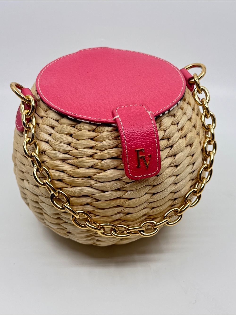 Francis Valentine Pink Leather and Straw Honeypot Bag with Gold Chain